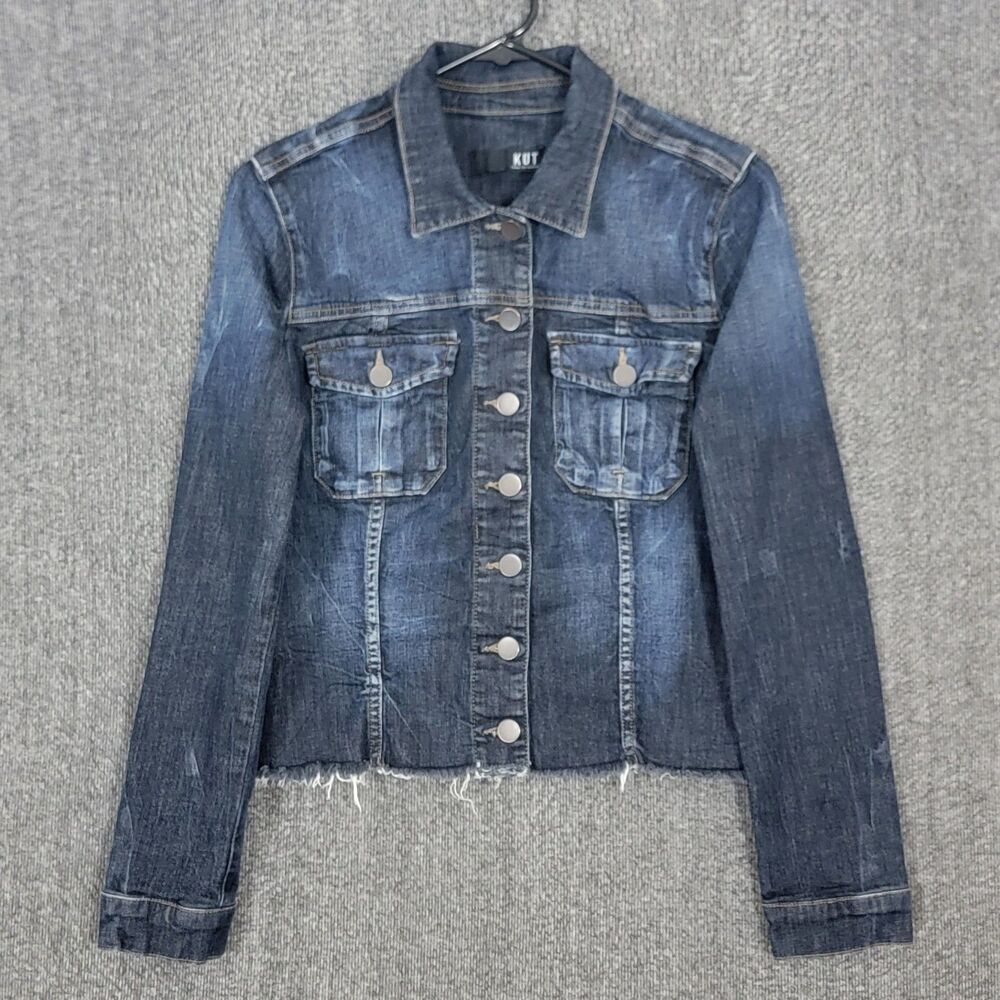 Kut From The Kloth Jean Jacket Womens M Blue Dark Wash Amelia Raw Hem Crop Denim